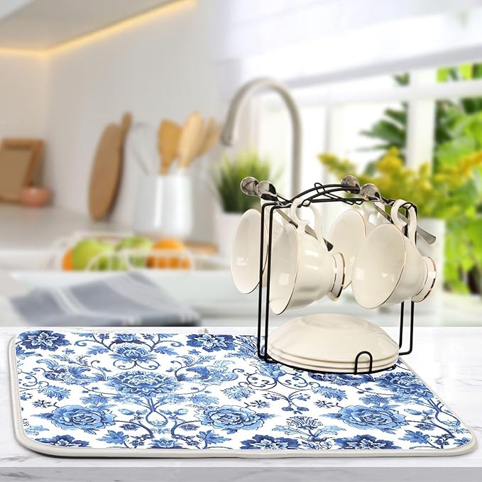 Blue White Porcelain Peony Dish Drying Mat for Kitchen Countertop 16x18 Rectangle Small Drying Mat Reusable Quick Dry Dish Sink Absorbent Mats Dishwasher Easy Clean Decorative Home Decor Essentials
