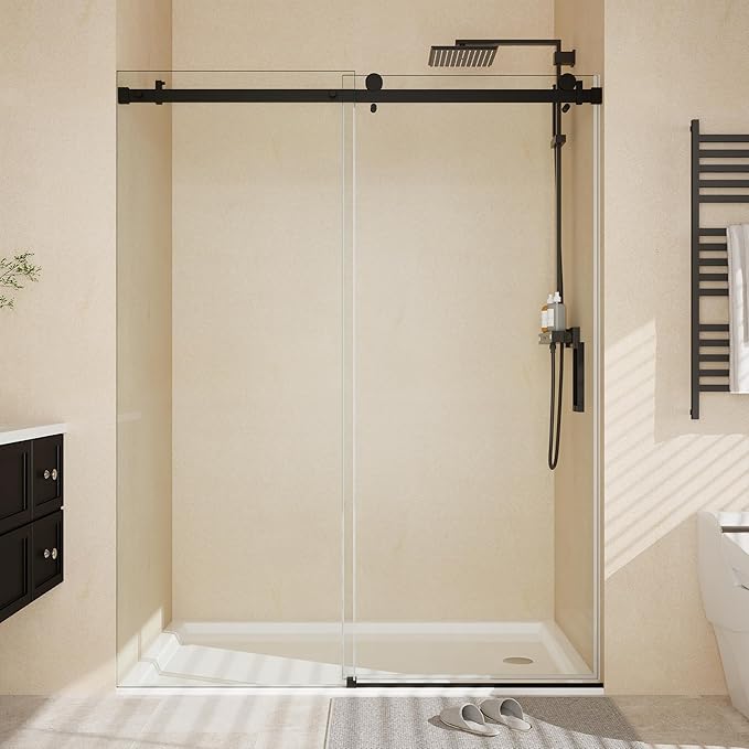 44-48" W x 76" h Frameless Sliding Shower Door – Waterproof Glass Shower Door-1/4 Tempered Clear Glass with Explosion-Proof Film, Matte Black Handle & Seal Strip