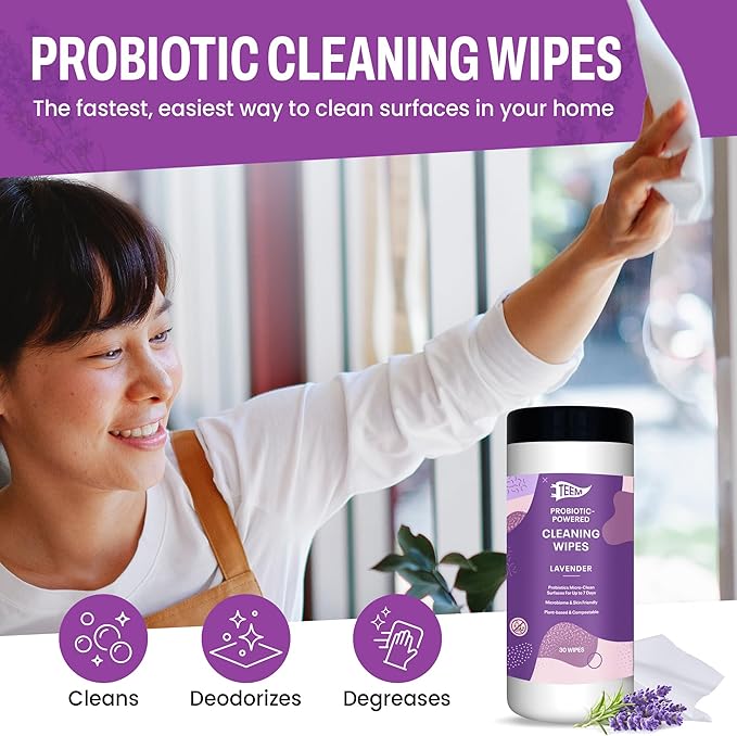 TEEM Probiotic Cleaning Wipes with Lavender Essential Oil, Microcleans Surfaces for up to 7 Days, Home Compostable & Biodegradable, Multi Surface Wipes by SCD Probiotics, 30 Count (Pack of 6)