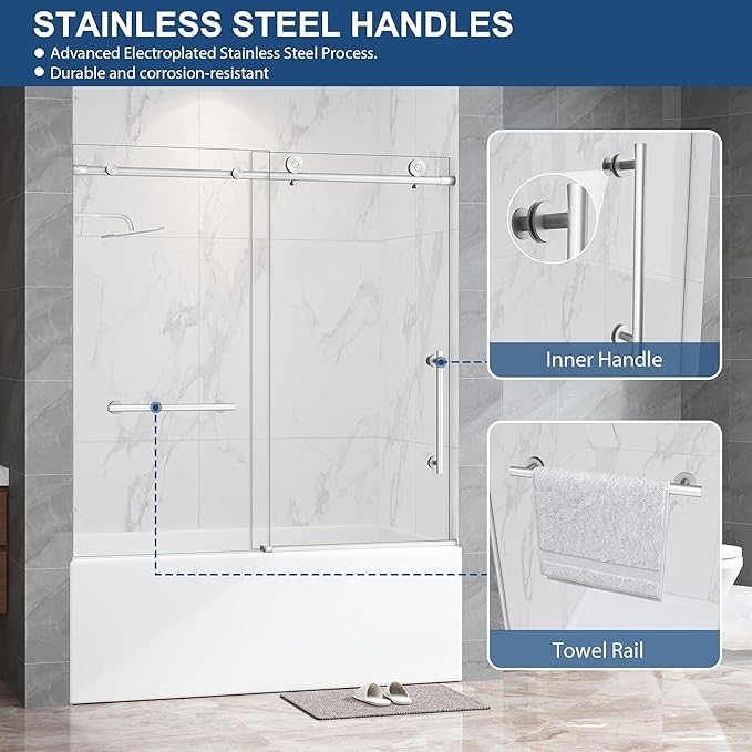 Frameless Tub Sliding Door,5/16" (8mm) Bathtub Shower Door with Soft-Close & Anti-Leak,Nano Coating Anti-Explosion Film SGCC Tempered Glass 55"-60" W x 60" H,Brushed Nickel