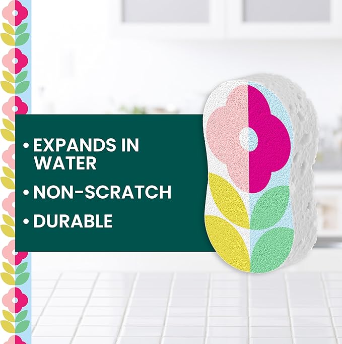 Scotch-Brite Brite Blooms Pop Up Kitchen Sponges, Unique Compressed Kitchen Sponge for Cleaning Gently, Spring Flower Pattern Dish Sponge That Expands with Water, 3 Scrubbing Sponges
