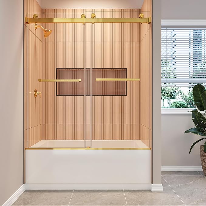 56-61" W x 60" H Bathtub Shower Door, Double Sliding Bathtub Glass Door with 3/8" (10mm) SGCC Tempered Glass, Dual 304 Stainless Towel Bars Bathroom Shower Door for Bathtub (Brushed Gold)