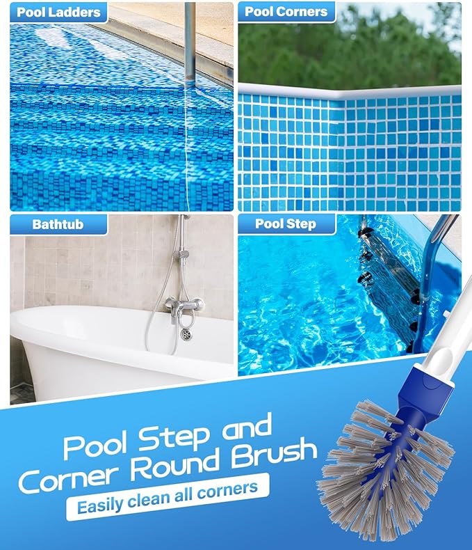 16.7'' Swimming Pool Brush Head with Round Ends, EZ Clip Aluminum Handle, Heavy Duty Pool Brushes for Clean Swimming Pools Faster, Extra Corner Brush Head for Clean Pool Steps & Corners
