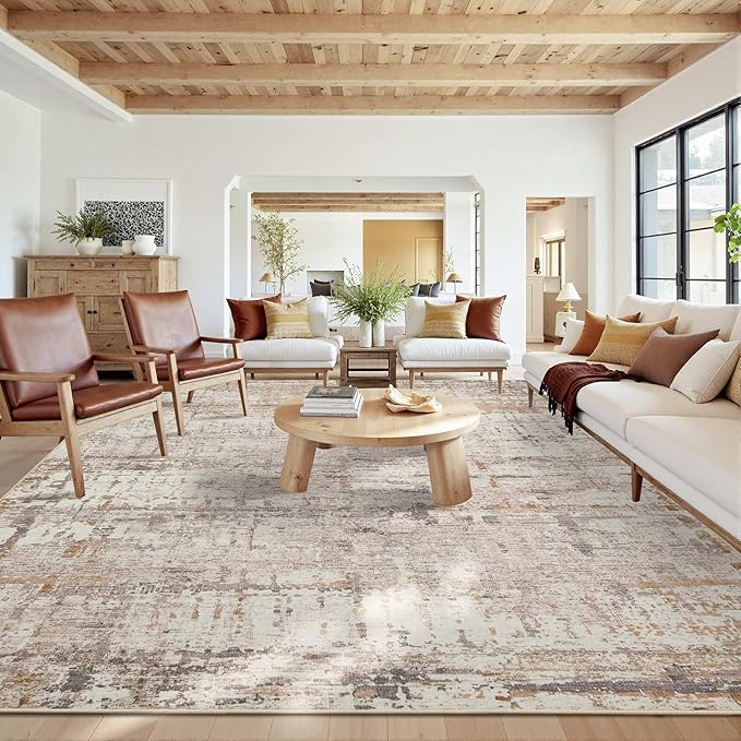 10x14 Extra Large Washable Area Rug, Soft Abstract Vintage Rug for Living Room, Bedroom, Office, Farmhouse, Low Pile Imitation Wool Non Slip Carpet Ideal for High-Traffic Areas, Beige Grey