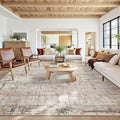 10x14 Extra Large Washable Area Rug, Soft Abstract Vintage Rug for Living Room, Bedroom, Office, Farmhouse, Low Pile Imitation Wool Non Slip Carpet Ideal for High-Traffic Areas, Beige Grey
