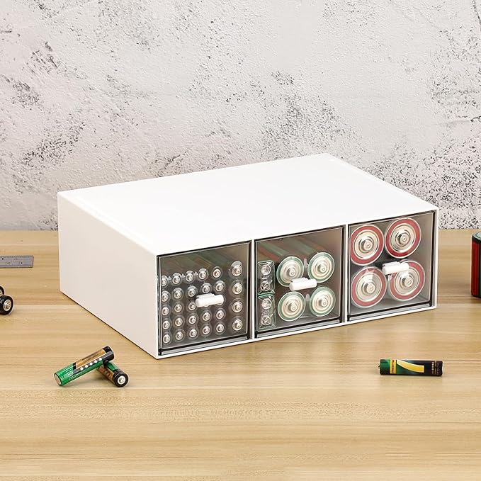 BTSKY Acrylic Battery Organizer for AA, AAA, 9V, C, D Batteries, Multipurpose Storage Box with 3 Drawers, Household Desk Holder for Common Battery Types - White, 1 Pack (Batteries Not Included)