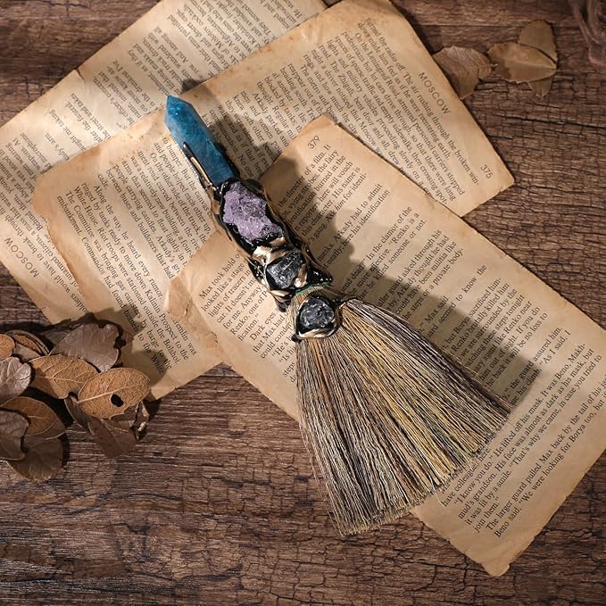 Crystal Witch Altar Broom - Witchcraft Supplies with Blue Apatite Wiccan Stuff Fairy Magic Broomstick with Natural Healing Crystals Hexagonal Points Pagan Fengshui Reiki Energy Clearing Gift