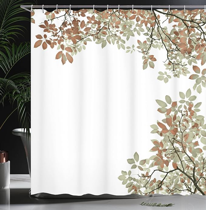 Ambesonne Leaves Shower Curtain, Broad Leaves Close-up Background Autumnal Foliage Shrubs Illustration Print, Cloth Fabric Bathroom Decor Set with Hooks, 69" W x 84" L, Cinnamon and White