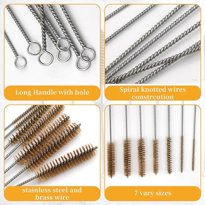 Tube Brush Kit 7pcs Brass Wire Tube Brushes Stainless Steel Bottle Brush Long Handle 11'' Wire Brushes for Cleaning Wire Pipe Tube Cleaner - 6mm/8mm/10mm/12mm/15mm/20mm/22mm