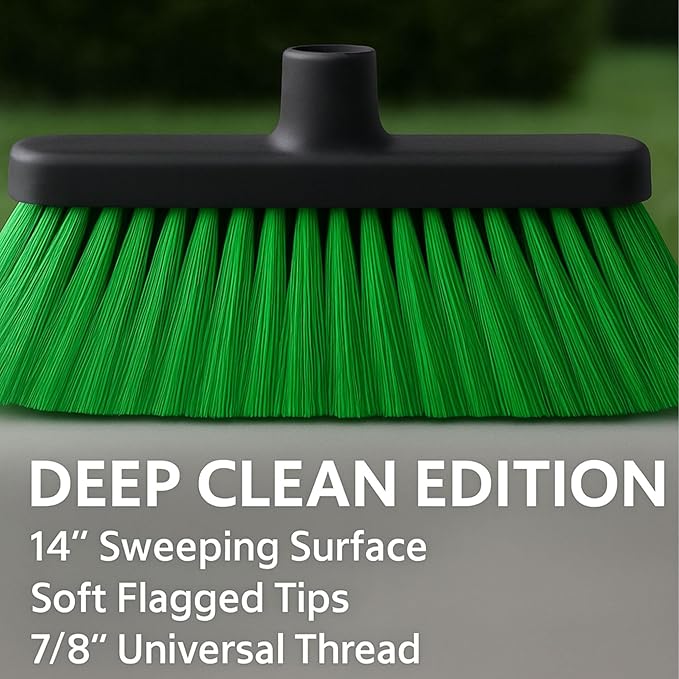 Aria Green Broom Head – 13” Sweeping Width – Soft/Firm Magnetic Flagged Bristles – Universal Thread – Recycled PP – Daily Indoor Sweeper (Green, ARIA)
