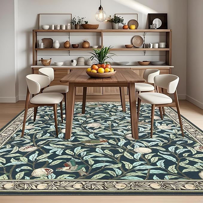 GarveeHome Boho Leaf Rugs for Bedroom, 5x7 Area Rugs for Living Room with Soft Low Pile, Non Slip Botanical Bird 5x7 Washable Rug for Dining Stain Resistant Indoor Navy Blue Carpet for Playroom Dorm