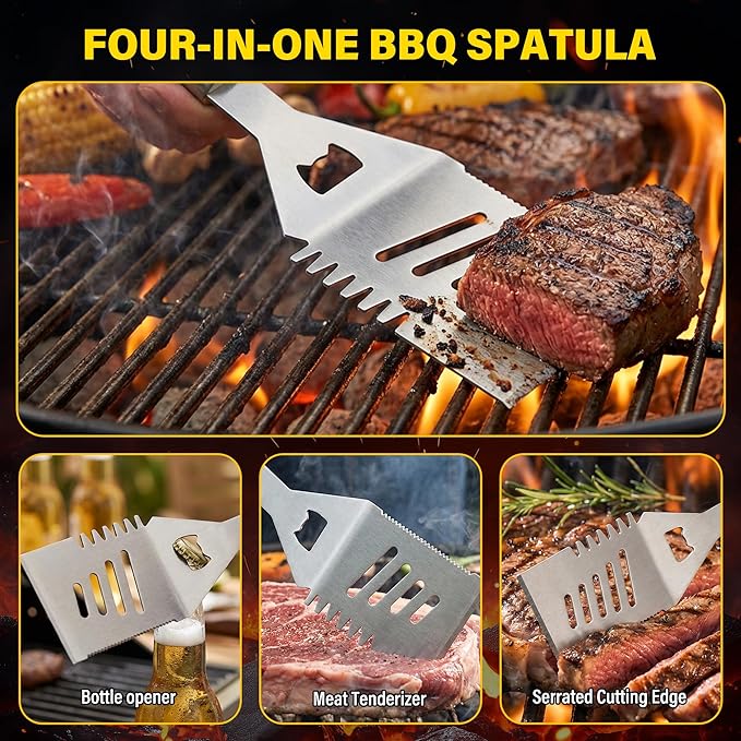 BBQ Grill Accessories Set, Grill Tools Grilling Accessories Grilling Gifts for Men - Spatula, Fork, Brush, Tongs & Cleaning Brush - Outdoor Barbecue Utensils Gifts for Men Dad Him (Wood)
