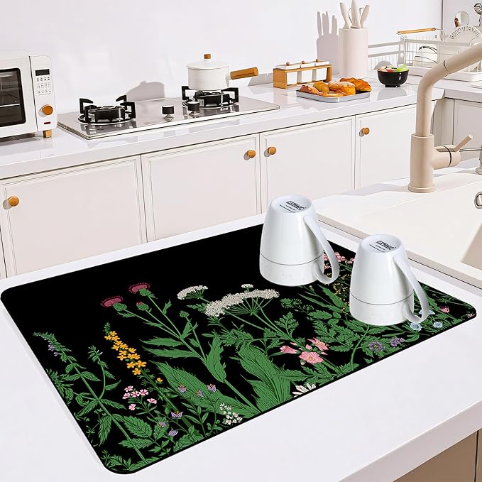 Dish Drying Mat for Multiple Usage. Super Absorbent, Easy clean, Quick dry, Cocina Accesorios for Kitchen Counter or Faucet Sink, Coffee bar, Refrigerator or Air fryer liners,2 Pack Flower