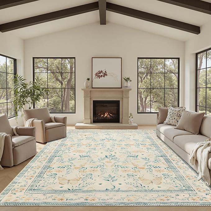 Floral Rug for Living Room Bedroom, 8x10 Washable Rug, Vintage Boho Area Rug, Large Non Slip Low Pile Wool Carpet for Indoor Dining Room,Girls Room,Nursery Room and Kids Room(Ivory Green 8x10)