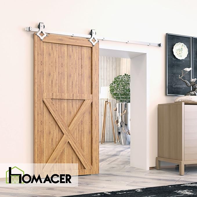 Homacer Brushed Nickel Non-Bypass Sliding Barn Door Hardware Kit, for One/Single Door, 7.5ft Long Flat Track, Diamond Design Roller, Heavy Duty, for Interior Use