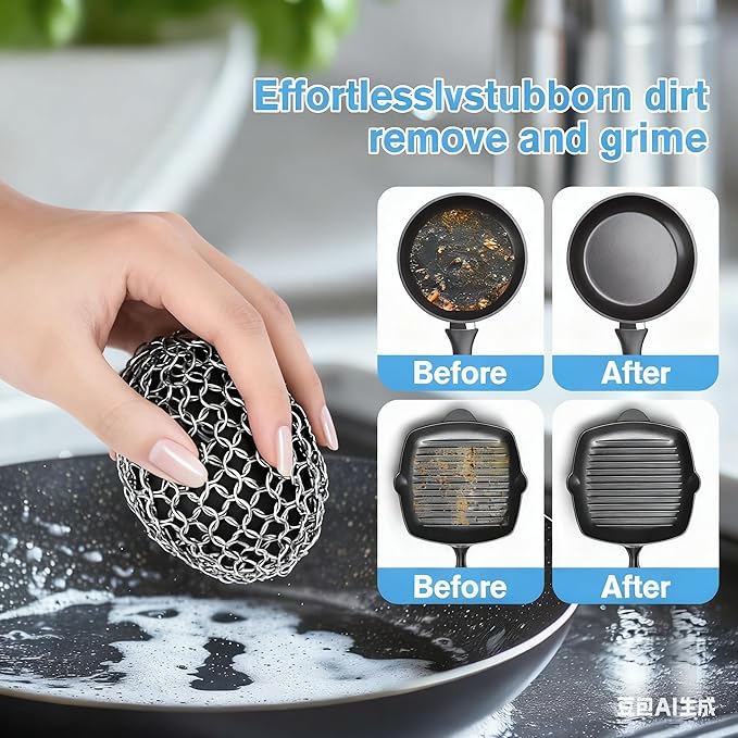Cast Iron Scrubber & Scraper Set with Hook - Ergonomic 316 Chainmail Scrubber for Cast Iron Skillets, Dutch Oven, Baking Sheet, Crock Pot, Grills & More - Black Single Ring
