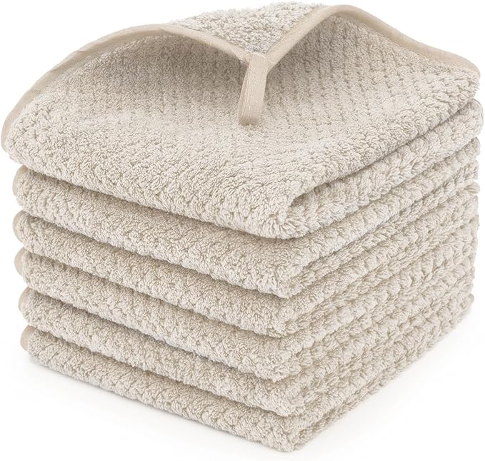 6 Piece Washcloth Set Set,100% Microfiber - Quick Dry, Thick, Soft, Plush and Highly Absorbent Luxury Hotel & Spa Bath Towel for Bathroom, Pack of 6, Khaki