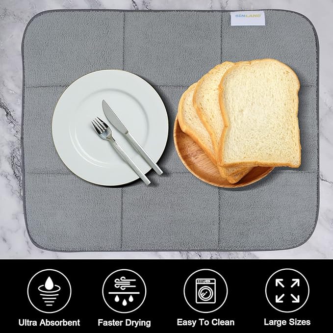 SINLAND Microfiber Dish Drying Mat Super Absorbent Dish Drying Pad for Kitchen Counter, Mat for Countertops or Sinks 16X18Inch Dark Grey 2 Pack