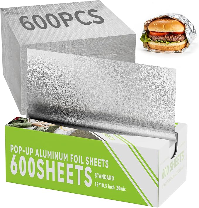 600 Count Pre-Cut Aluminum Foil Sheets, 12" x 10.6" Inch Pre Cut Aluminum Foil sheets for Restaurant Use, Disposable Foil Sheets for Food, Hot Dogs, and Sandwiches