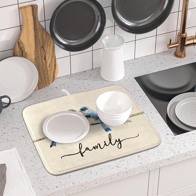 Home Blue Bird Family Dish Drying Mat for Kitchen Counter,Spring Summer Drying Mat 16 x 18 Inch with Absorbent Reversible Microfiber Drying Pad for Coffee Bar