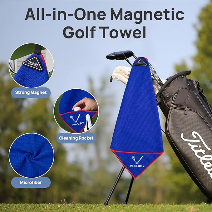 Magnetic Golf Towel for Bag 18" x 18" with Clip Exclusive Cleaning Pocket Microfiber Waffle Ultra Absorbent Club Ball Cleaner, Essential Golf Accessories and Gifts for Men Women(Blue 1 Pack)