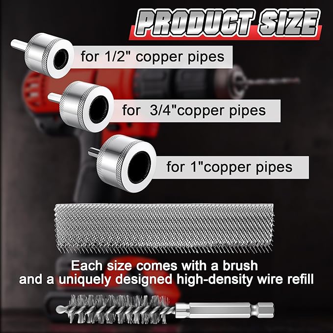 1/2"&3/4"&1" Copper Pipe Cleaner for Drill with 1/4" Hex Shank & Brush Blades & Metal Pipe Cleaning Brush, Tube Thread Cleaner, Plumbing Tools for Plumber Removing Rust, HVAC Stain Removal(3 Piece)