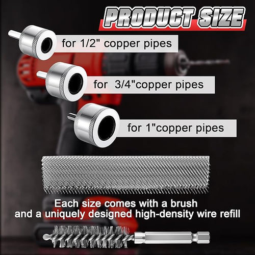 1/2"&3/4"&1" Copper Pipe Cleaner for Drill with 1/4" Hex Shank & Brush Blades & Metal Pipe Cleaning Brush, Tube Thread Cleaner, Plumbing Tools for Plumber Removing Rust, HVAC Stain Removal(3 Piece)
