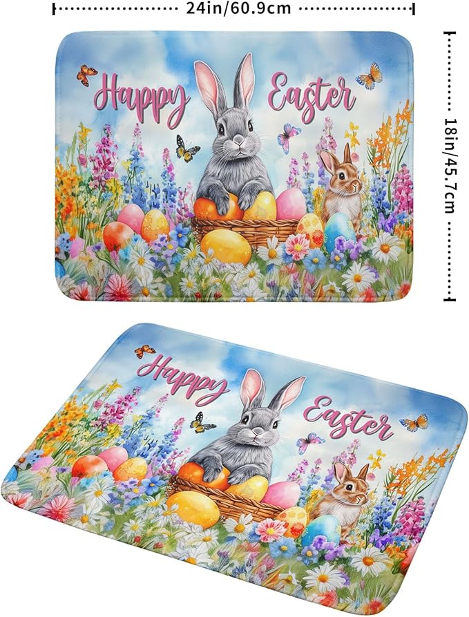 Khope Happy Easter Dish Drying Mat for Kitchen Counter 18x24 Inch Bunny Eggs Butterfly Flowers Reusable Washable Farmhouse Flower Drying Pad Countertop Home Decor