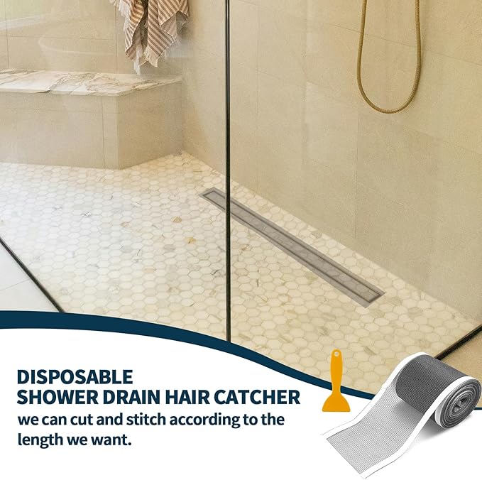 4 Inch x 33 FT Disposable Shower Drain Screen Self-Adhesive Stickers, with Cleaning Shovel, Showers Drain Hair Catcher, Shower Drain Mesh Stickers for Bathroom Kitchen Sink
