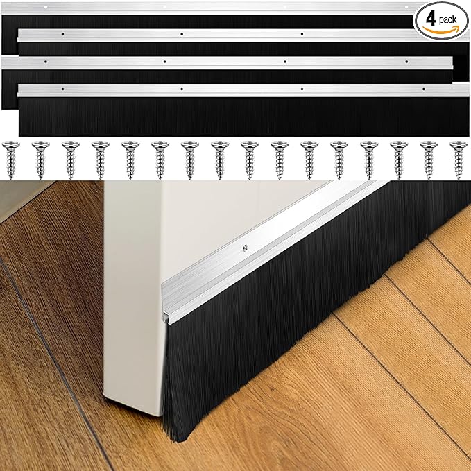 Frienda 4 Set Door Brush Bottom Sweep Brush Weather Stripping Aluminum Door Seal with Screws for Gaps up to 1 Inch, for Home, Commercial Gate, Fill Gaps Dust, Debris (3 x 39.3 Inch,Black)