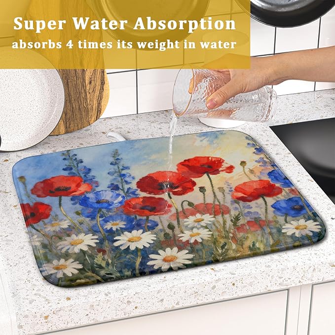 4th of July Dish Drying Mat for Kitchen Counter 16x18 Patriotic Floral Independence Day Memorial Holiday Absorbent Reversible Microfiber Drying Mats Kitchen Countertop Protector Dishes Drainer Pad