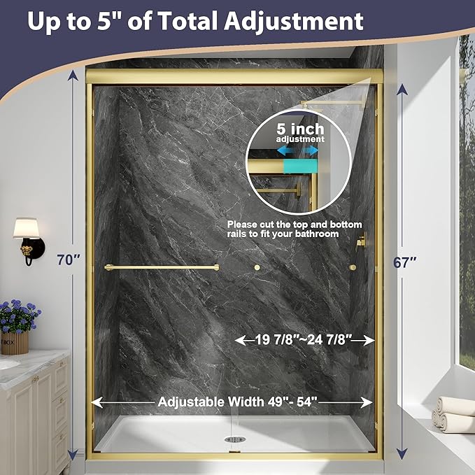 Double Sliding Shower Door, 49"-54" W x 70" H Semi-Frameless Glass Shower Door, 1/4'' (6mm) Clear SGCC Tempered Glass with Explosion-Proof Film and Nano Coating, Brushed Gold