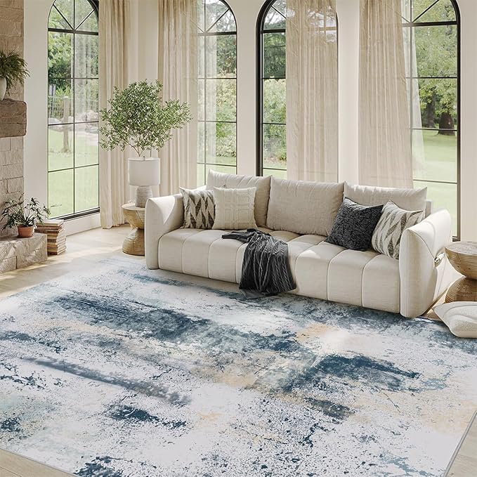 5x7 Area Rugs for Living Room, Bedroom,Modern Abstract Washable Rug, Boho Non Slip Low Pile Carpet for Indoor Dining Room,Office, Dorm, Farmhouse and Kids Room - Blue