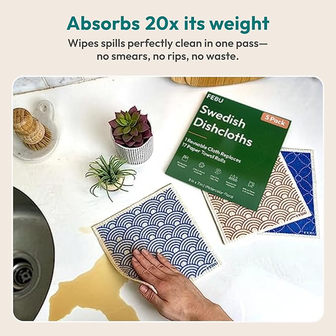 FEBU Swedish Dishcloths for Kitchen | 5 Pack Neutral Reusable Paper Towels Washable | Swedish Dish Towels | Non-Scratch Cellulose Sponge Cloths | No Odor, Biodegradable Cleaning Cloths