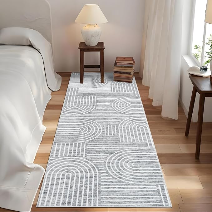 Modern Rug 2.5x8 Runners for Hallways, Abstract Kitchen Runner Rugs Non Slip Bath Runners, Rainbow Washable Runner Rug for Bedroom, Soft Long Rugs for Entryway Bathroom Laundry Dorm, Ash