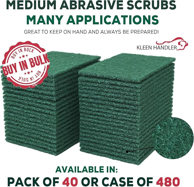 Kleen Handler Green Medium Duty Cleaning Pads - Medium Duty Kitchen Scrub Sponges, Scouring Pads for Washing Dishes, Bathroom, Restaurant Cleaning Sponge, Household General Cleaning (Pack of 40)