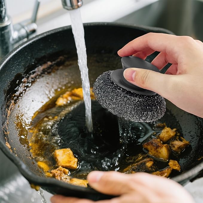 Stainless Steel Wool Scrubber with Rubber Handle & 2 Pads for Cleaning Dishes, Kitchen Pots, Pans, Grills (Grey)