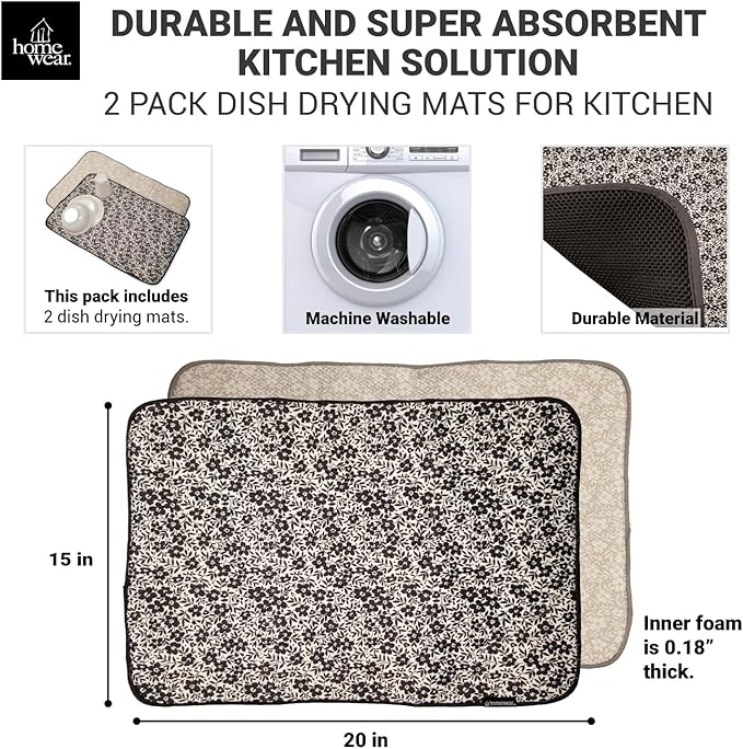 2 Pack Printed Dish Drying Mats for Kitchen, Super Absorbent Polyester, 15 x 20 inches, Countertop Sink, Machine Washable, Ditsy Floral