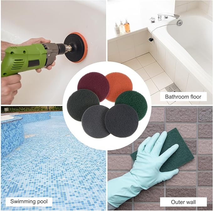 HARFINGTON 8pcs Drill Power Brush 4 Inch Tile Scrubber Scouring Pads 1500 Grit for Bathroom Kitchen Household Cleaning