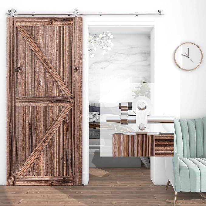 TSMST 7FT Sliding Barn Door Hardware Kit, Top Mount Stainless Steel Heavy Duty Sturdy Barn Door Track for Single Wood Door, Slide Smoothly Quietly (T Style)