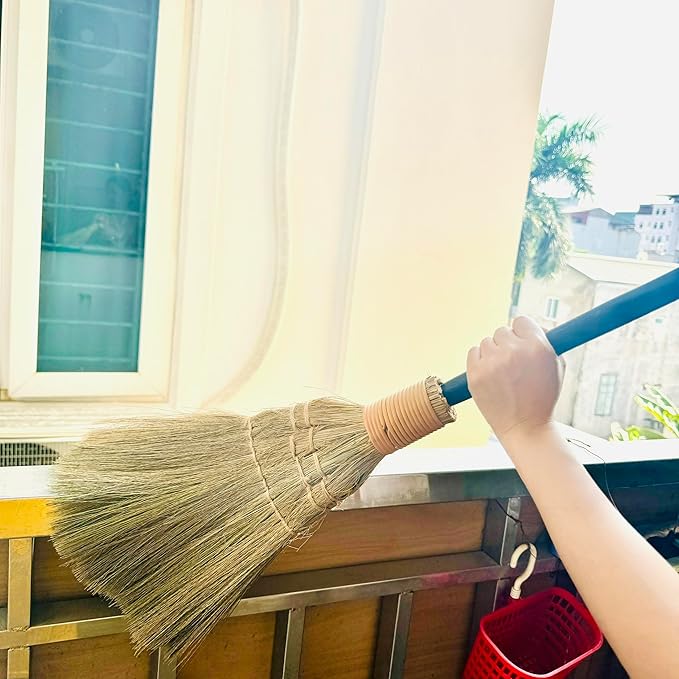 Vietnamese Straw Soft Black Broom for Cleaning with Long Handle Broom- Broom Decorative 9.45'' Width, 45.28" Length