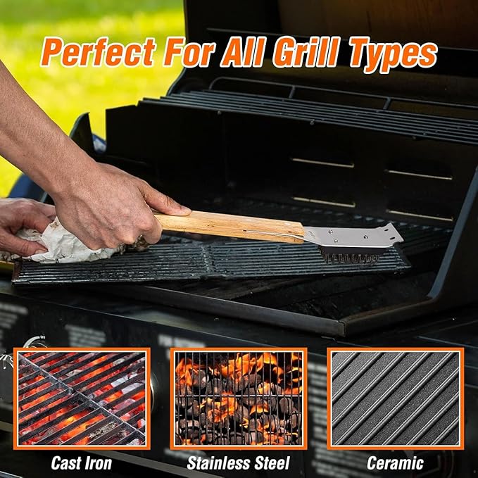 SIMPLETASTE Grill Brush and Scraper for BBQ, Durable & Effective, Replaceable Stainless Steel Head, Wooden Handle Wire Grill Brush for Outdoor Grill, Barbecue Accessories