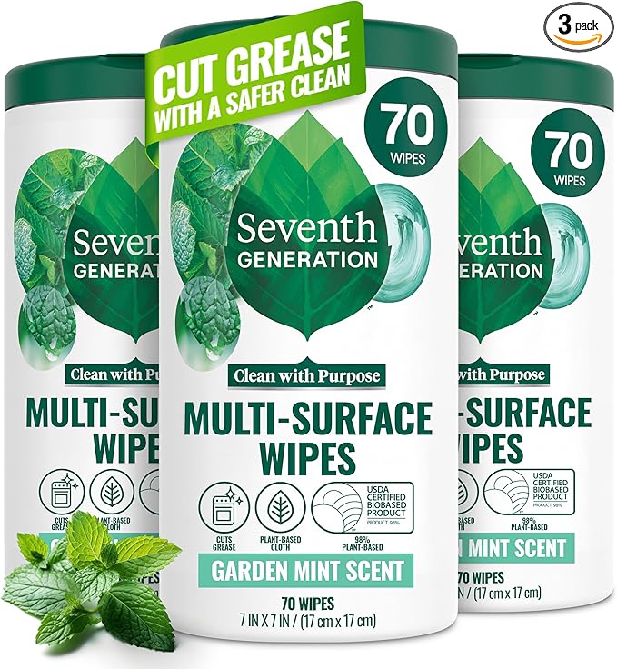 Seventh Generation Multi Purpose Wipes All Purpose Cleaning Garden Mint scent with 100% Essential Oils and Botanical Ingredients 70 count, Pack of 3