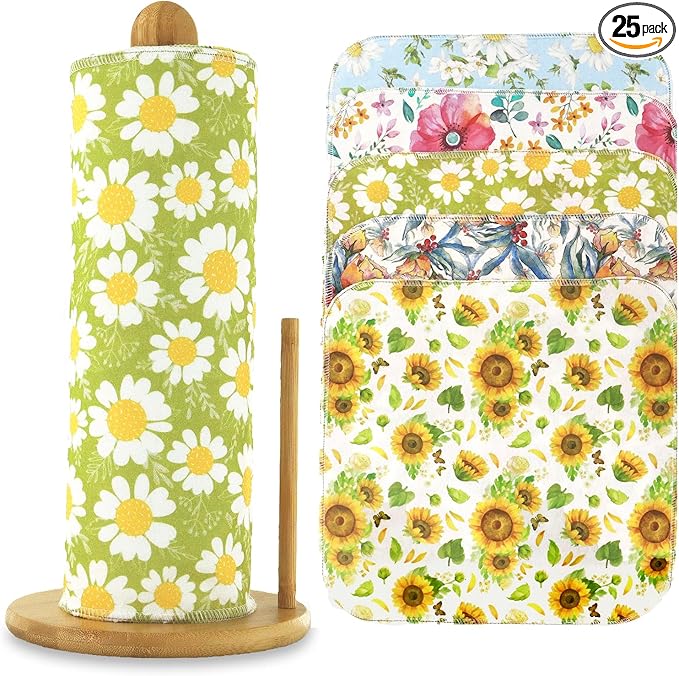 25 Pack Reusable Paper Towels, Paperless Towels Roll Washable Cotton Cloth for Kitchen Towels Zero Waste Products Alternative Paper Towels Alternative (Flower-A)