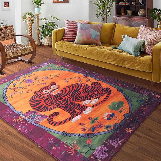 Tiger Rug Washable 4x6 ft Oriental Traditional Animal Print Vintage Fuchsia Floral Tibetan Rugs for Bedroom Kitchen Living Room Indoor Entryway