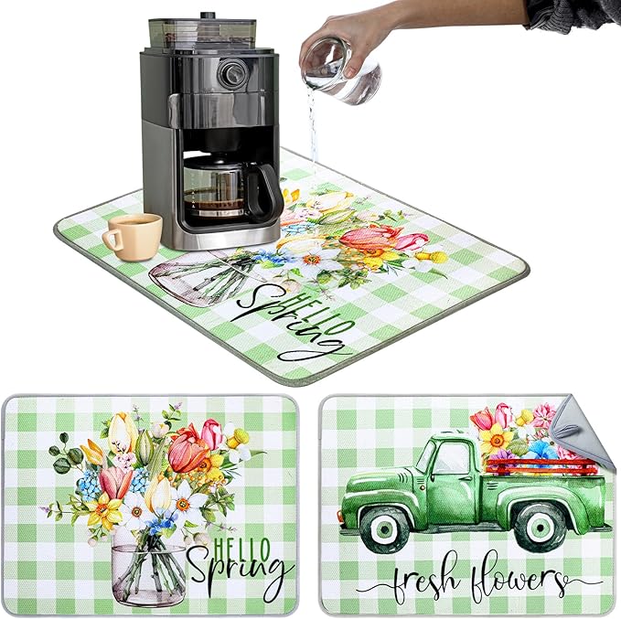 2 Pcs Dish Drying Mat for Kitchen, Spring Floral Absorbent Microfiber Dish Mat Counter 18 x 24 Inch Truck Flower Leaves Draining Green Drying Reusable Washable Pad