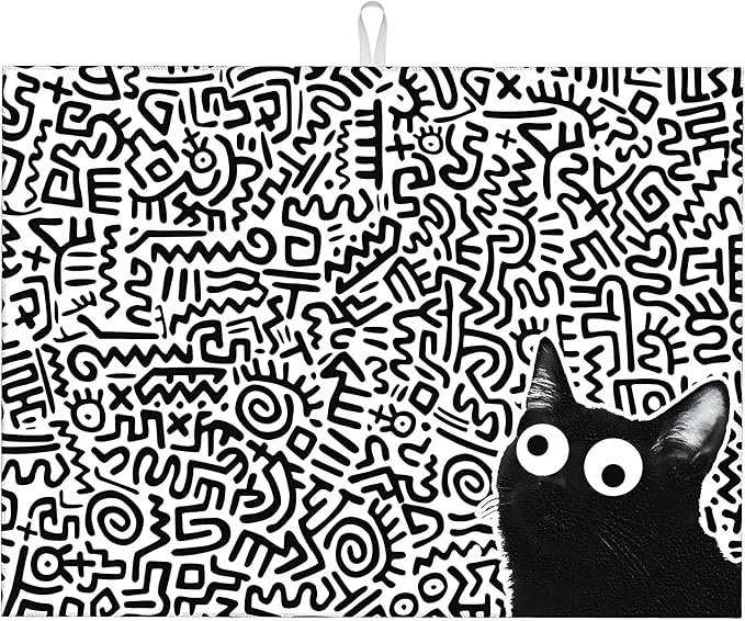 Black Cat Streak Dish Drying Mat 18x24 inches Microfiber Absorbent Fast Dry Mat for Kitchen Counter Coffee Bar Funny Cat Large Drying Mat Kitchen Decor Gifts (Black Cat, 18x24 inches)