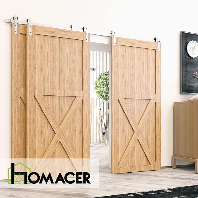 Homacer Brushed Nickel Single Track Bypass Sliding Barn Door Hardware Kit, for Three Doors, 7.5ft Long Flat Track, StraightDesign Roller, (1 Flat+2 Bent Roller Set)