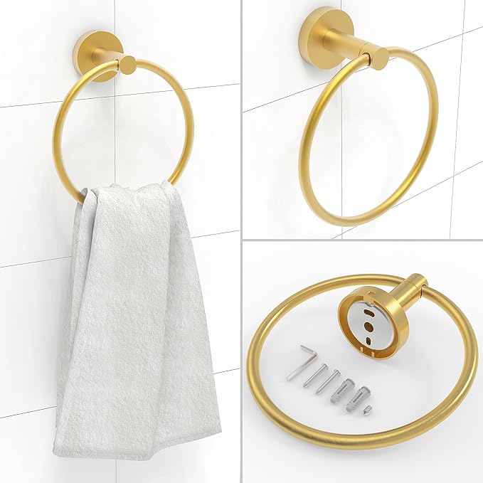 3pc Bathroom Hardware Set with Brushed Brass Toilet Paper Holder & Towel Ring & Towel Bar SUS304 Stainless Steel Toilet Paper Roll Holder Wall Mount & Bathroom Towel Holder & Towel Rack Set