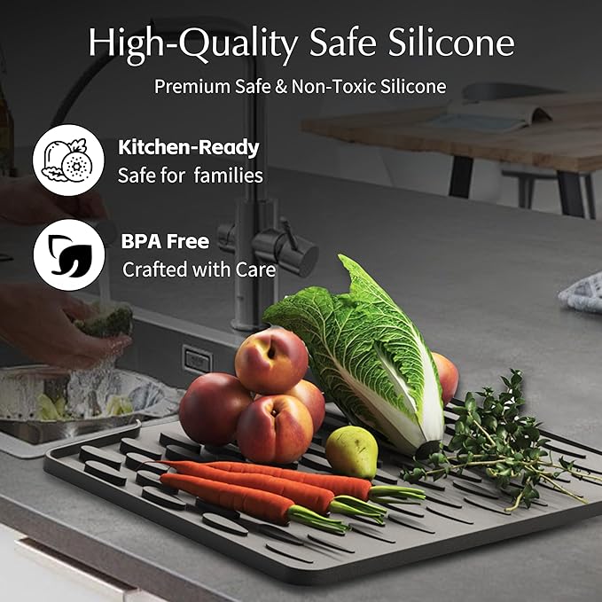 Silicone Dish Drying Mat for Kitchen Counter or Sink with Built-in Drain Lip, Non-Slip Quick Drying Mat, Easy to Clean, Heat Resistant Drying Matt, 15.7" x 13", Grey